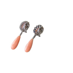 Boucles d'oreilles Corail Peau d'Ange Diamants Saphirs Or Blanc - Castafiore