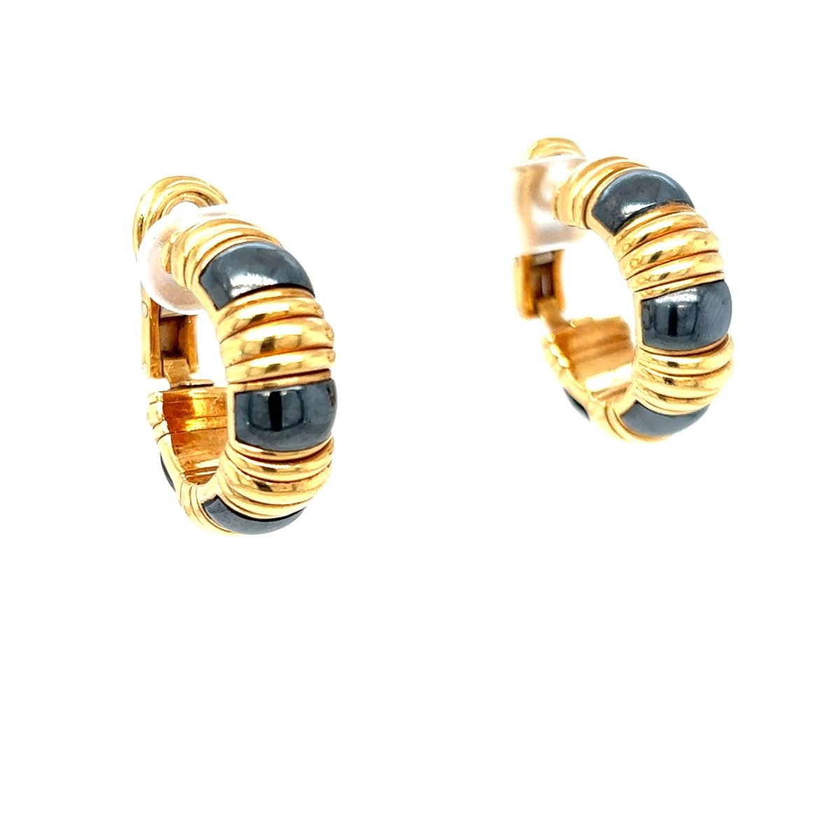 Boucles d'oreilles Créoles BULGARI "Bold Parentesi" en or jaune et hématite - Castafiore