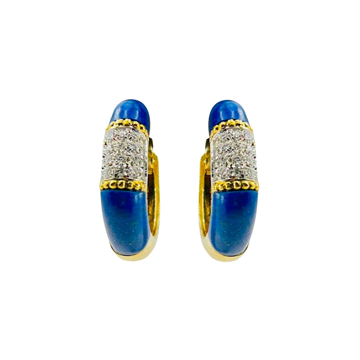Boucles d'oreilles Créoles CARTIER en or jaune, lapis - lazuli et diamants - Castafiore