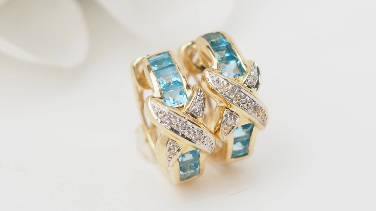 Boucles d'oreilles Créoles en or blanc,Topaze bleue et diamants - Castafiore