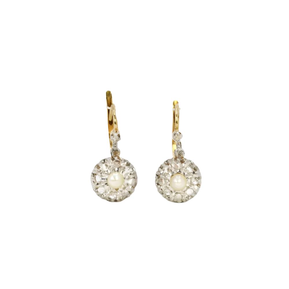 Boucles d'oreilles dormeuses anciennes perles diamants taille rose - Castafiore