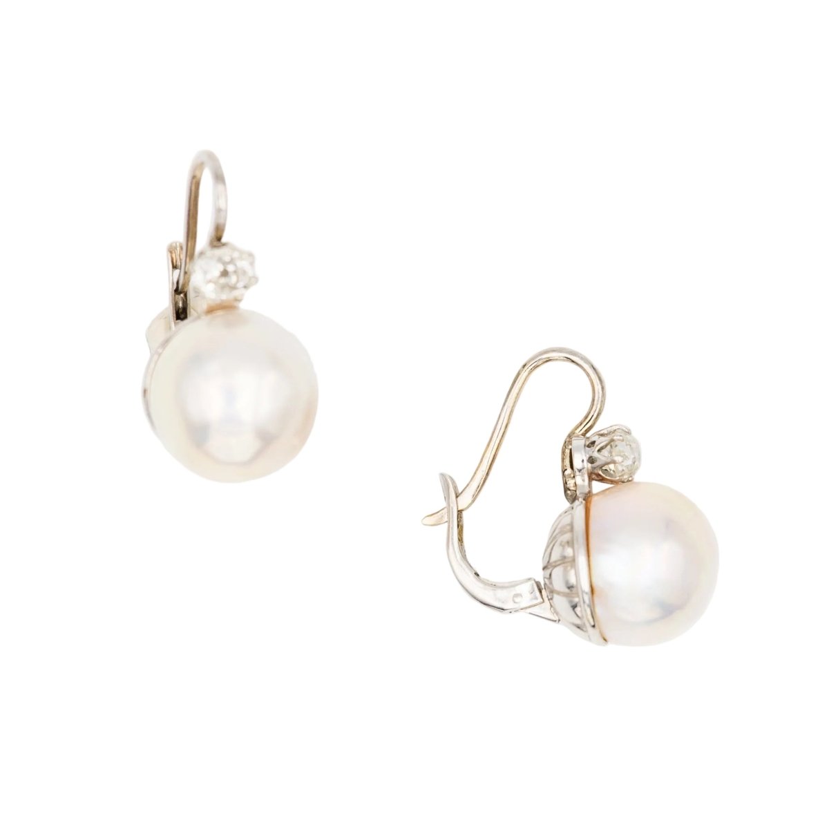 Boucles d'oreilles dormeuses en or blanc perles et diamants - Castafiore