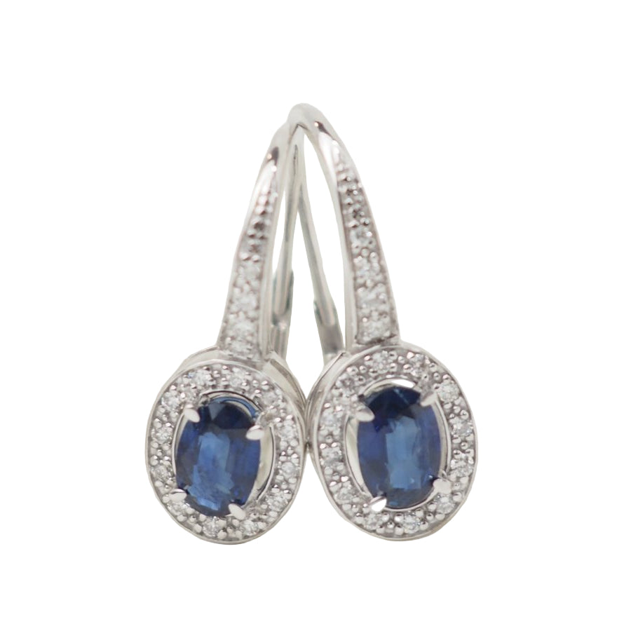 Boucles d'oreilles dormeuses en or blanc, saphir et diamants - Castafiore