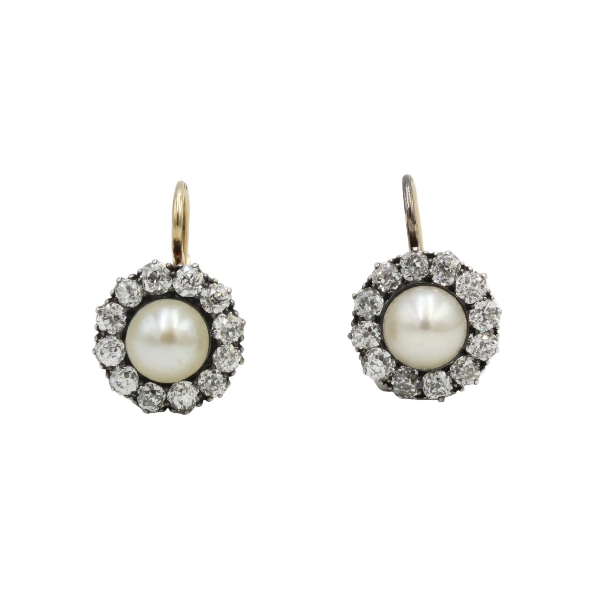 Boucles d'oreilles Dormeuses en or jaune, argent, perles et diamants - Castafiore
