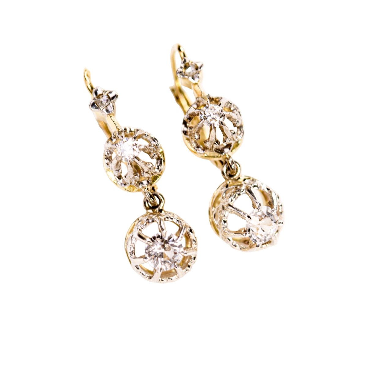 Boucles d'oreilles Dormeuses en or jaune, or blanc et diamants - Castafiore
