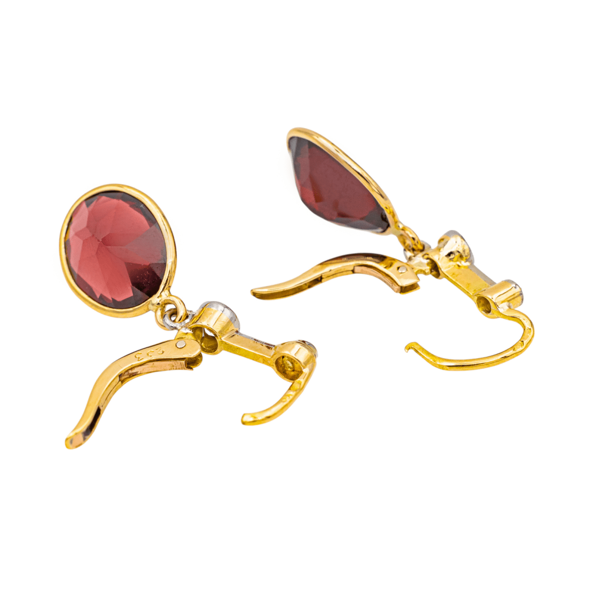 Boucles d'oreilles Dormeuses en or jaune, or blanc, platine, grenats et diamants - Castafiore