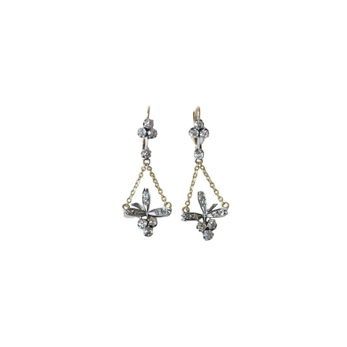 Boucles d'oreilles Dormeuses en or jaune, or rose, argent, et diamants - Castafiore