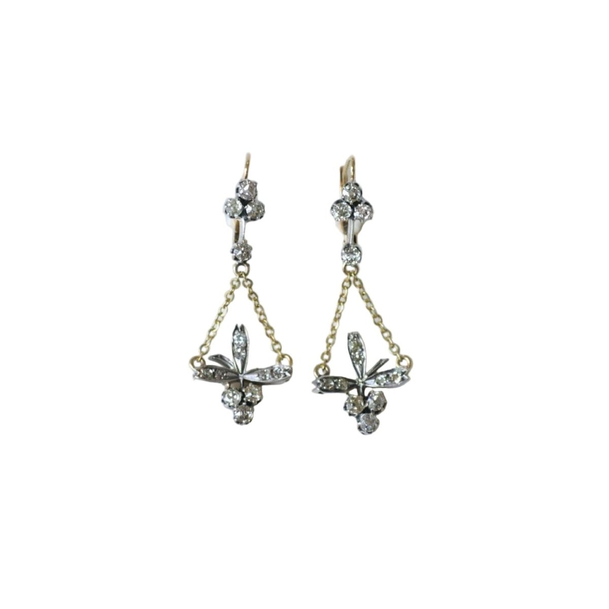Boucles d'oreilles Dormeuses en or jaune, or rose, argent, et diamants - Castafiore