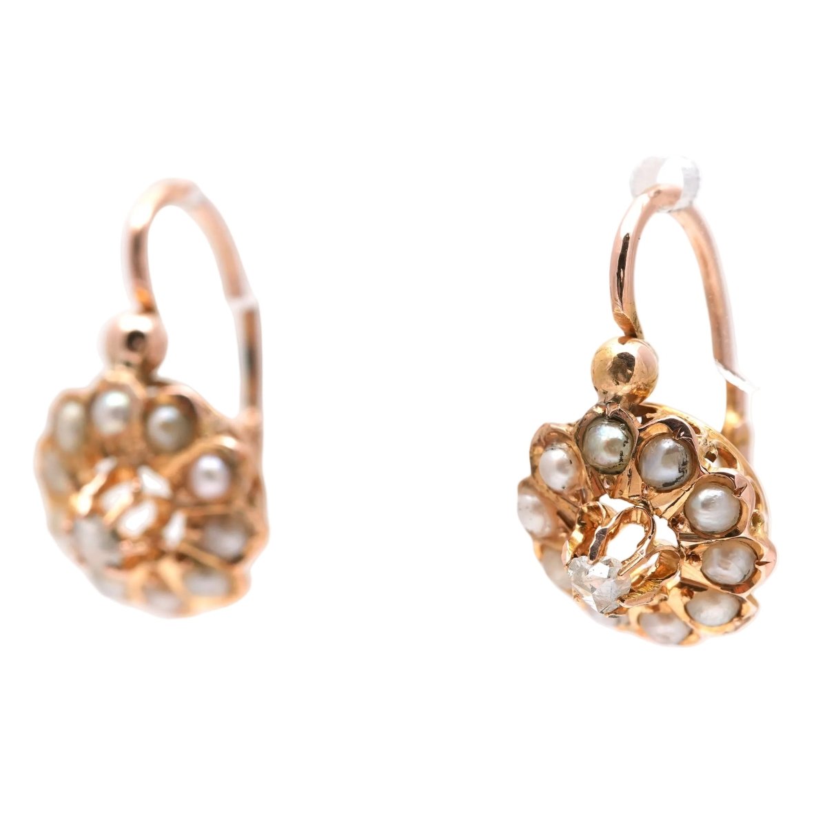 Boucles d'oreilles Dormeuses en or jaune, perles et diamants - Castafiore