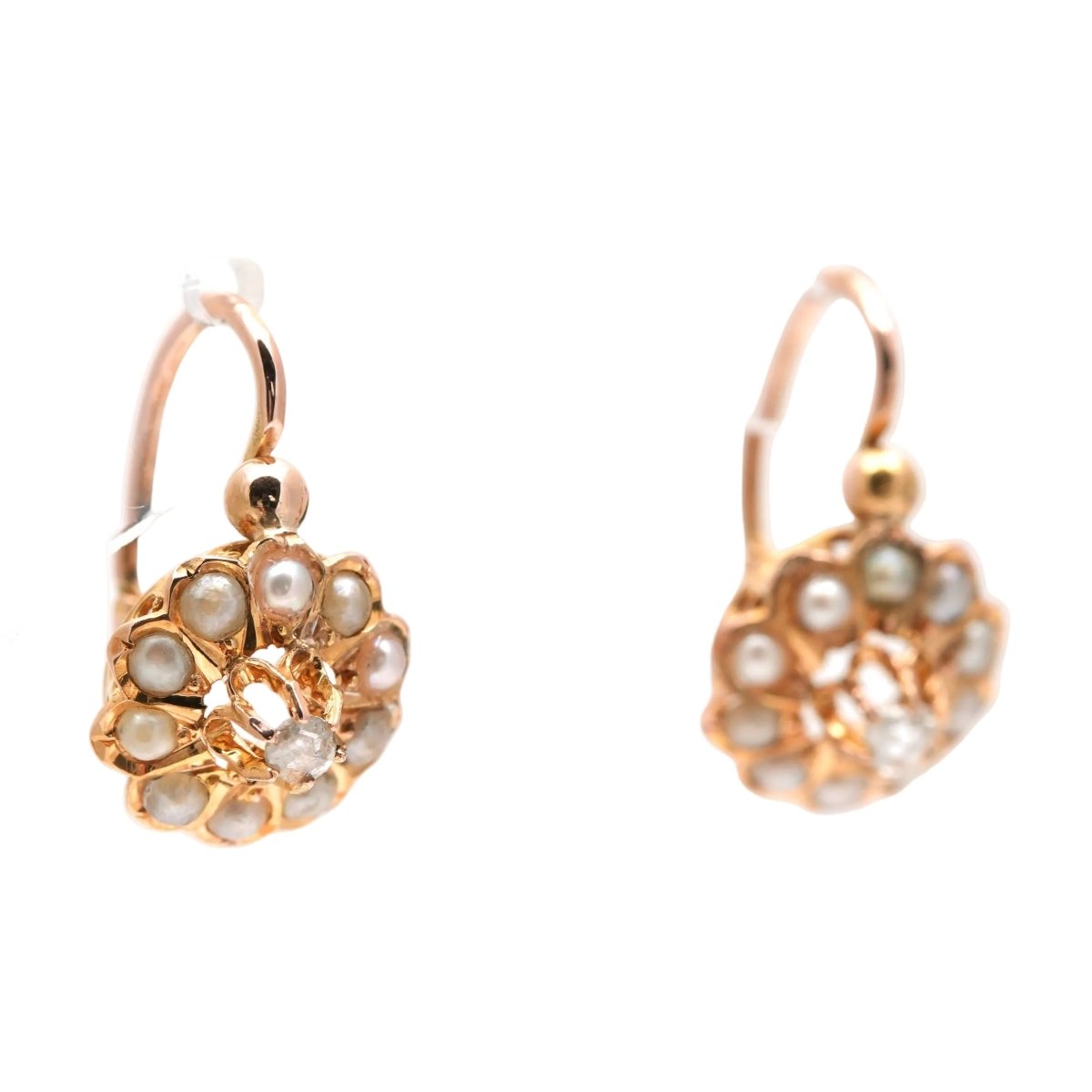 Boucles d'oreilles Dormeuses en or jaune, perles et diamants - Castafiore
