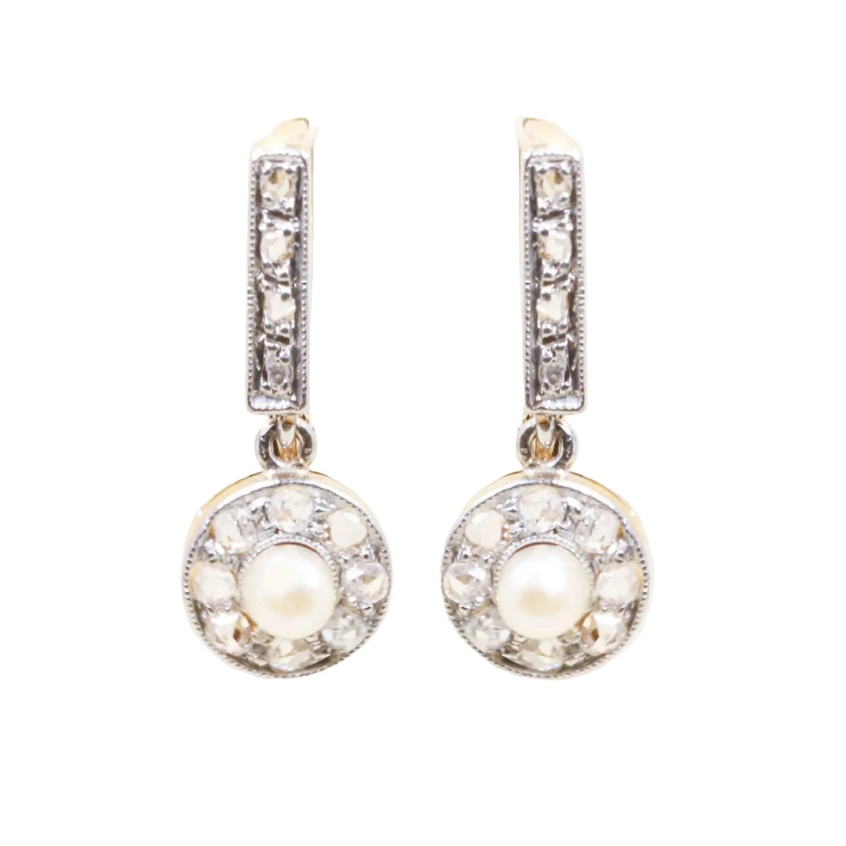 Boucles d'oreilles Dormeuses en or jaune, perles et diamants - Castafiore