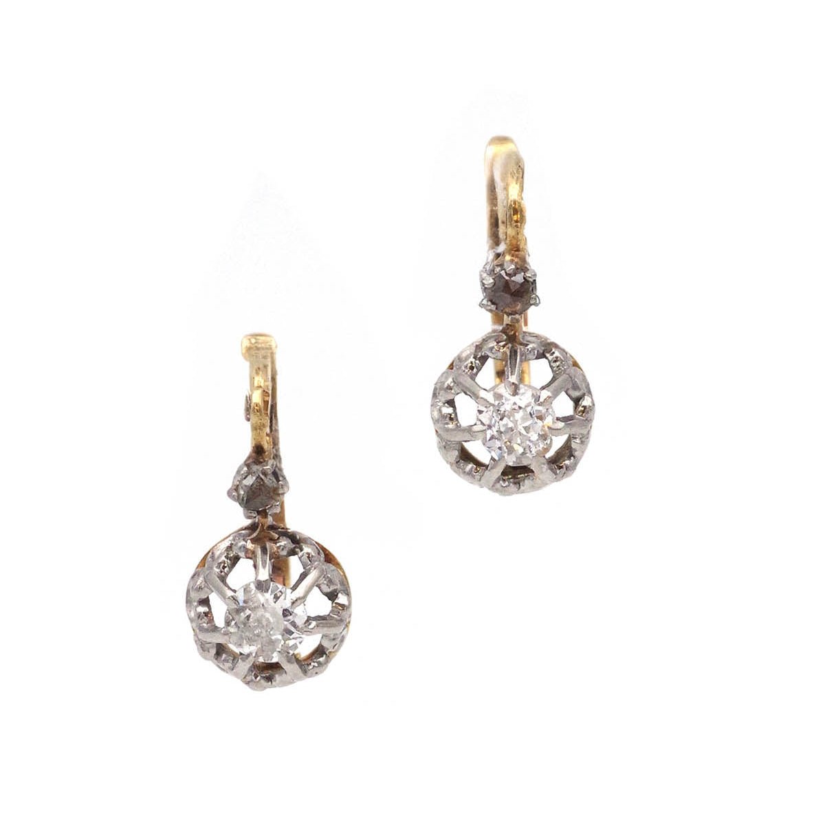 Boucles d'oreilles Dormeuses en or jaune, platine et diamants - Castafiore