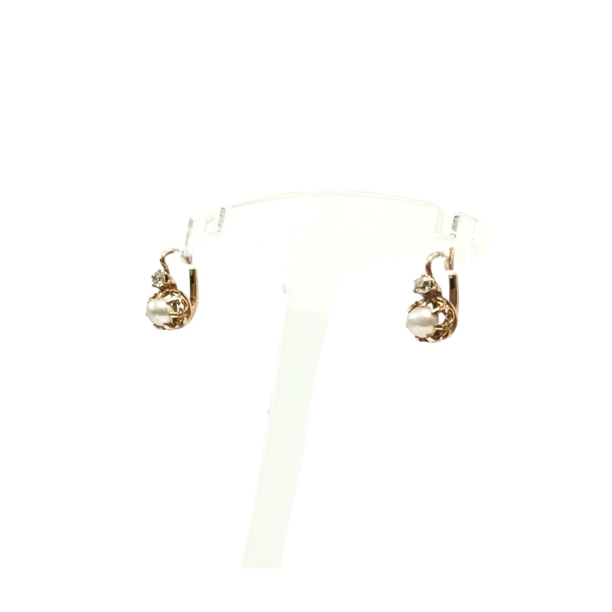 Boucles d'oreilles dormeuses en or jaune-rosé et perle et diamant - Castafiore