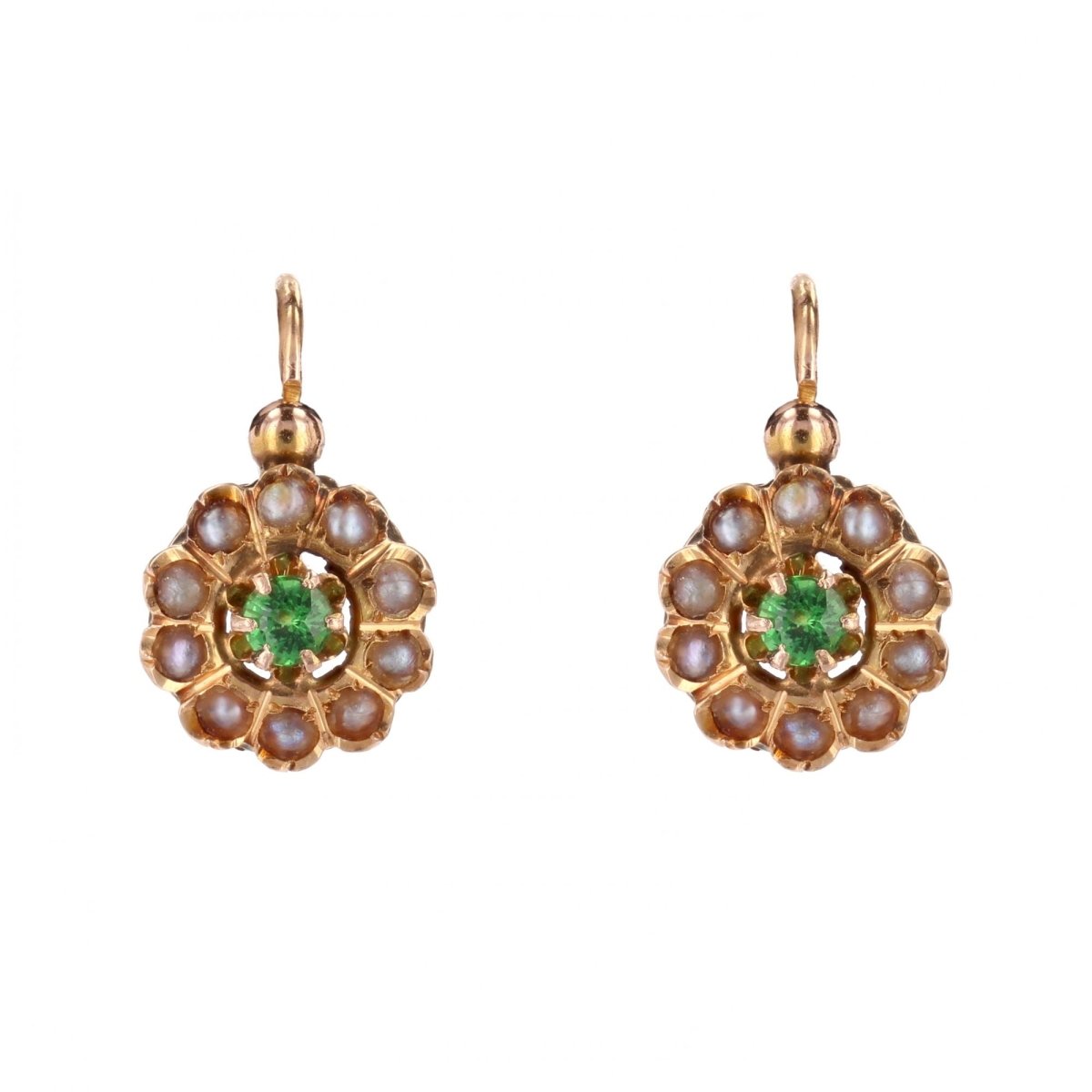 Boucles d'oreilles Dormeuses en or rose, grenats et perles - Castafiore