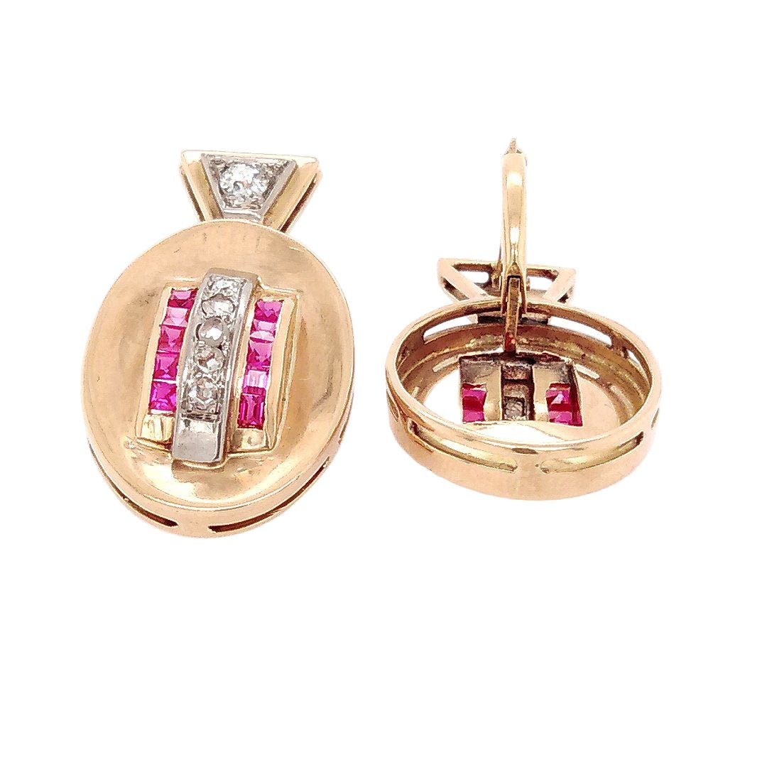 Boucles d'oreilles Dormeuses en or rose, platine, rubis et diamants - Castafiore