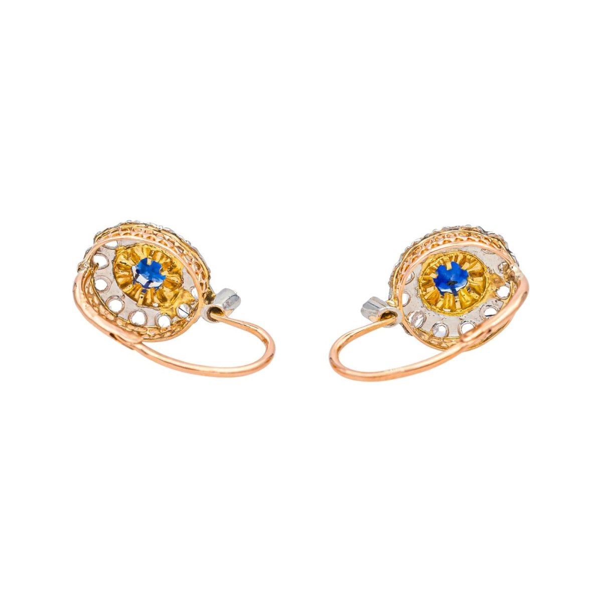Boucles d'oreilles Dormeuses en or rose, platine, saphirs et diamants - Castafiore