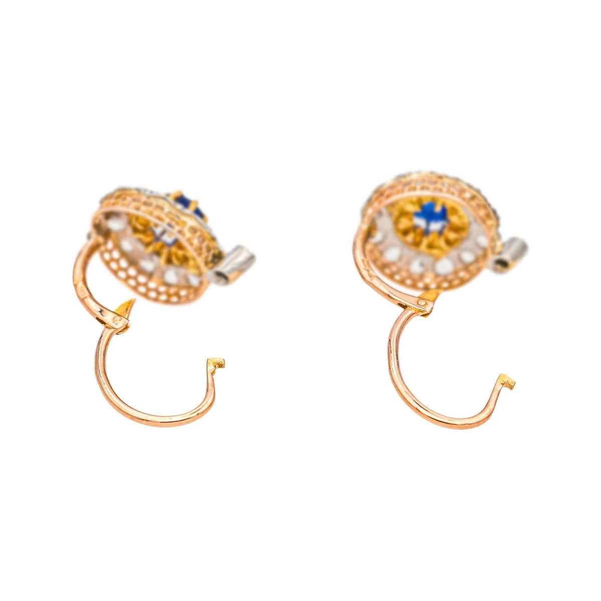 Boucles d'oreilles Dormeuses en or rose, platine, saphirs et diamants - Castafiore