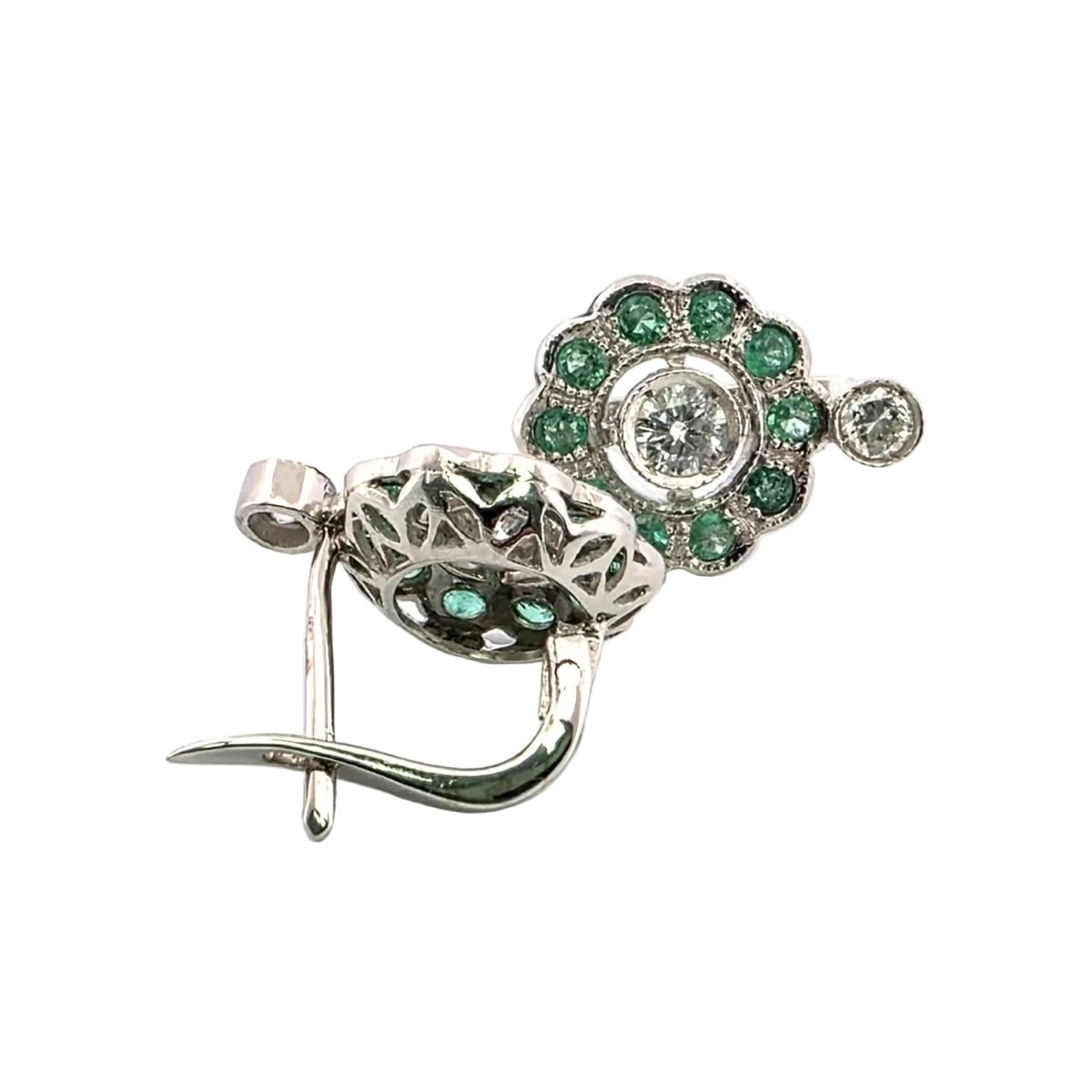 Boucles d'oreilles Dormeuses en platine, émeraudes et diamants - Castafiore