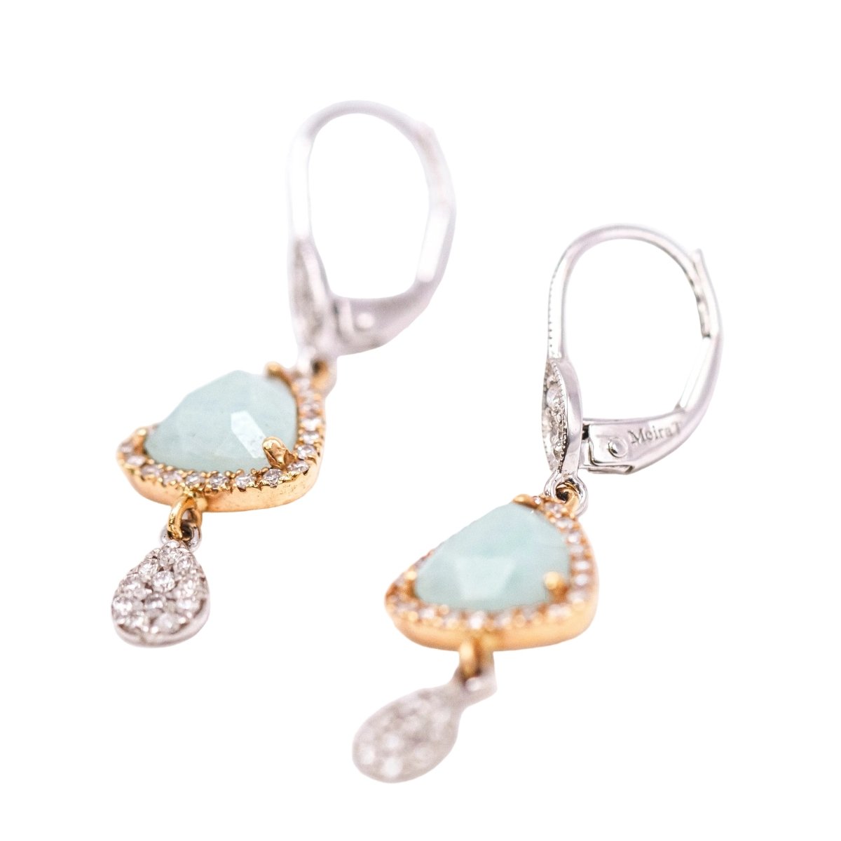 Boucles d'oreilles Dormeuses MEIRAT en or jaune, or blanc, amazonites et diamants - Castafiore