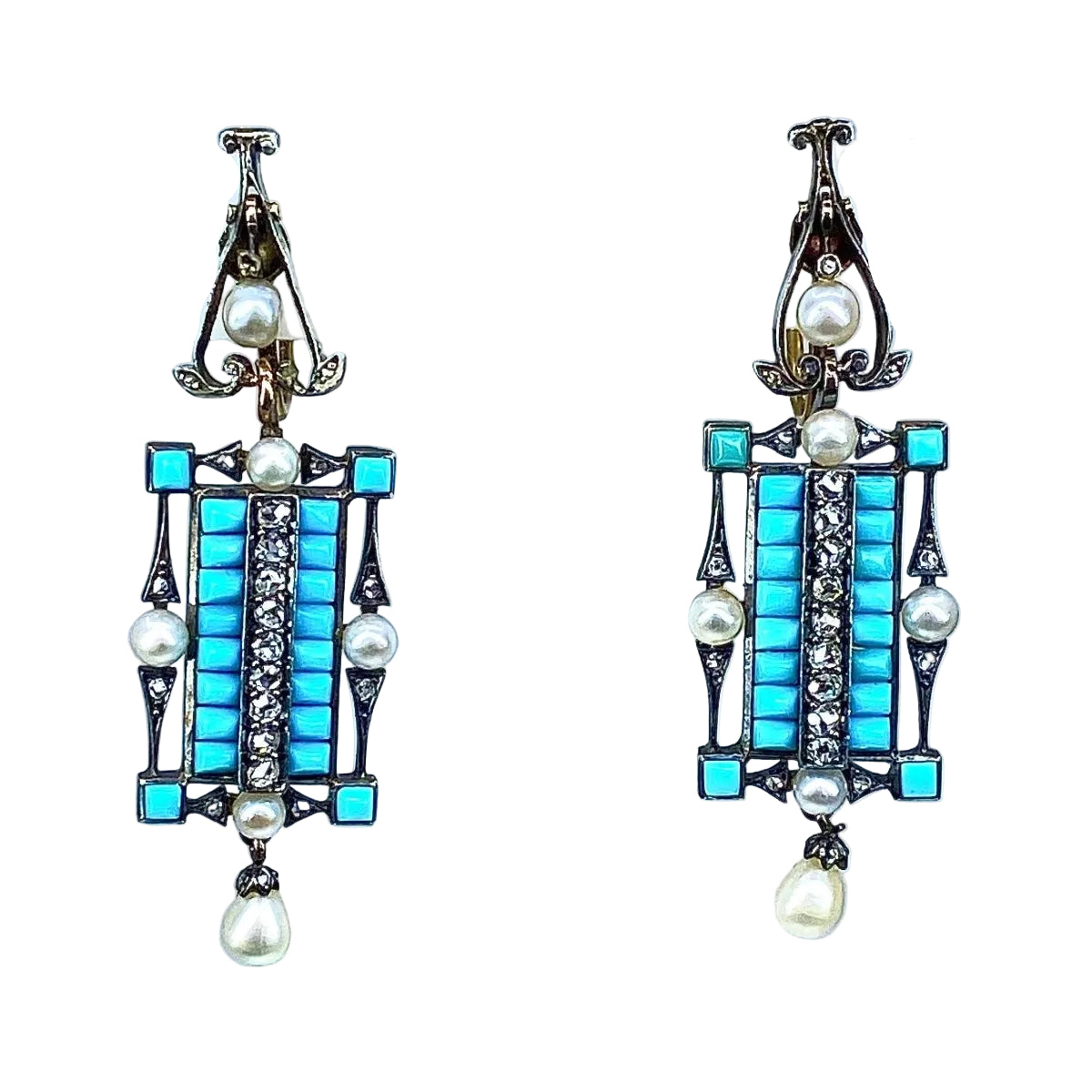 Boucles d’oreilles en or 18 carats et argent, turquoises, diamants, perles fines vers 1880 - Castafiore