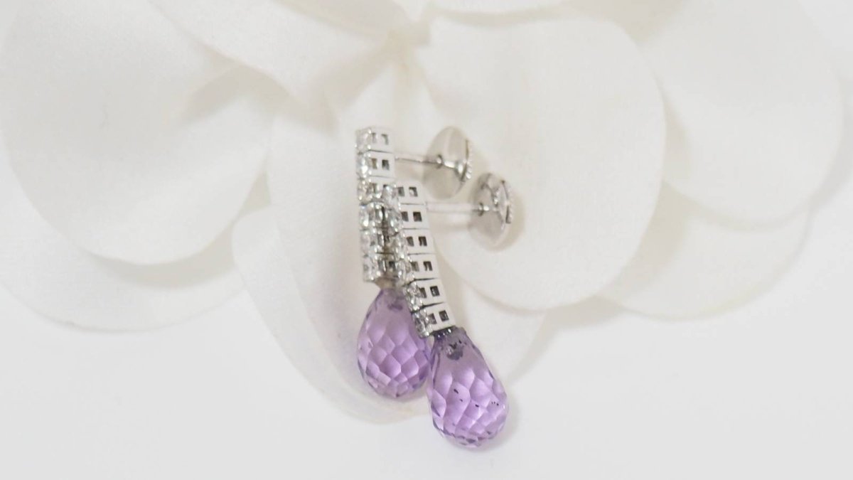 Boucles d'oreilles en or blanc, améthystes et diamants - Castafiore