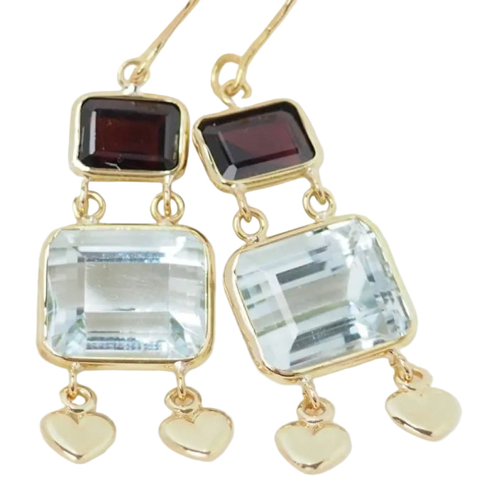 Boucles d'oreilles en or jaune, aigue marine et grenat - Castafiore