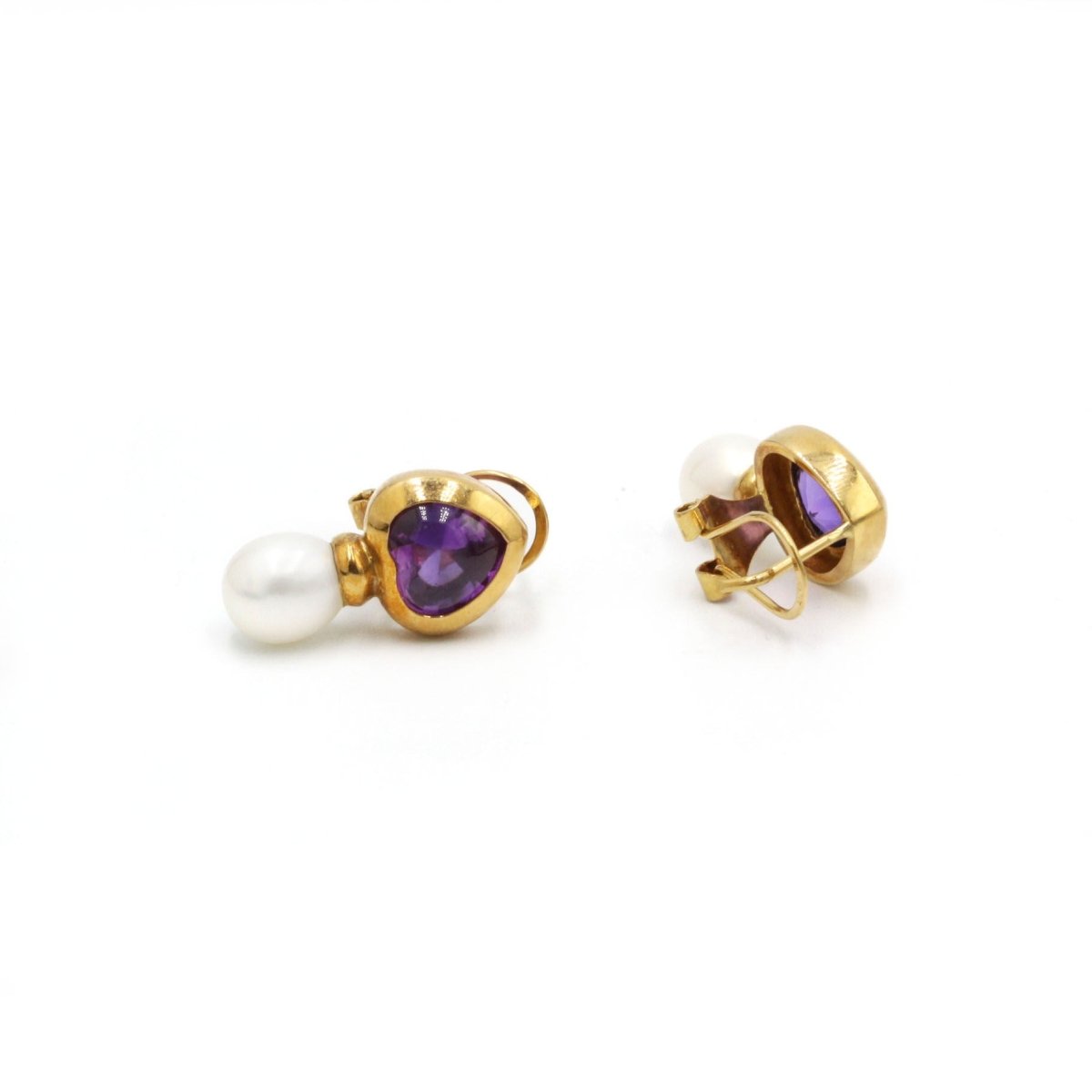 Boucles d'oreilles en or jaune, améthystes et perles - Castafiore