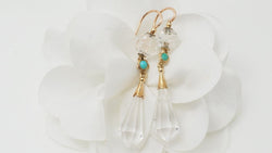 Boucles d'oreilles en or jaune, cristal de roche et turquoise - Castafiore