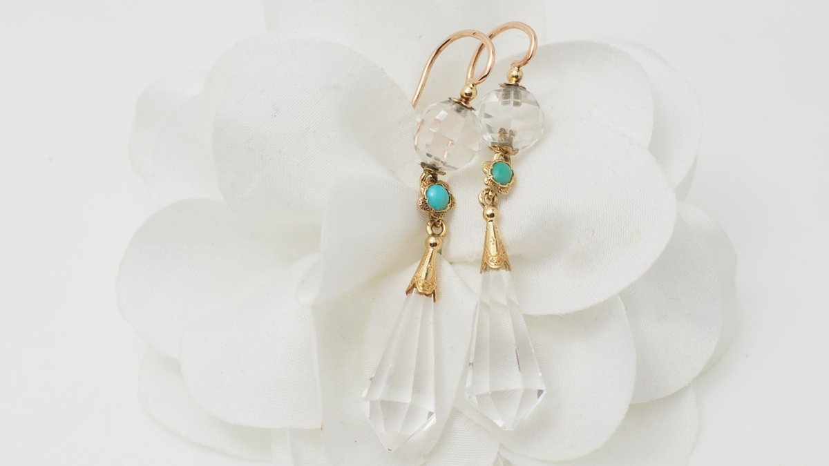 Boucles d'oreilles en or jaune, cristal de roche et turquoise - Castafiore
