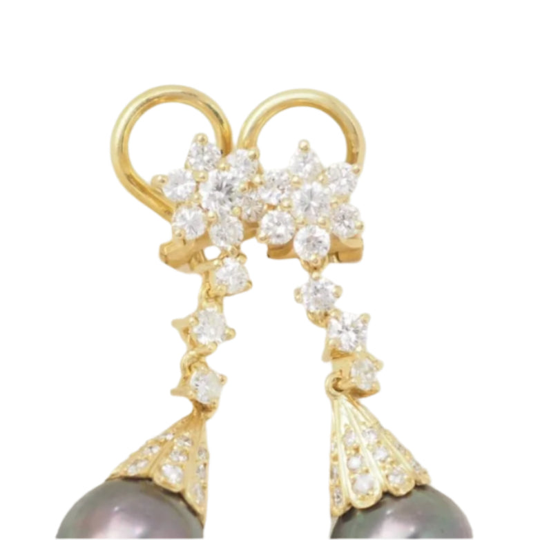 Boucles d'oreilles en or jaune, Diamants et perles de Tahiti - Castafiore
