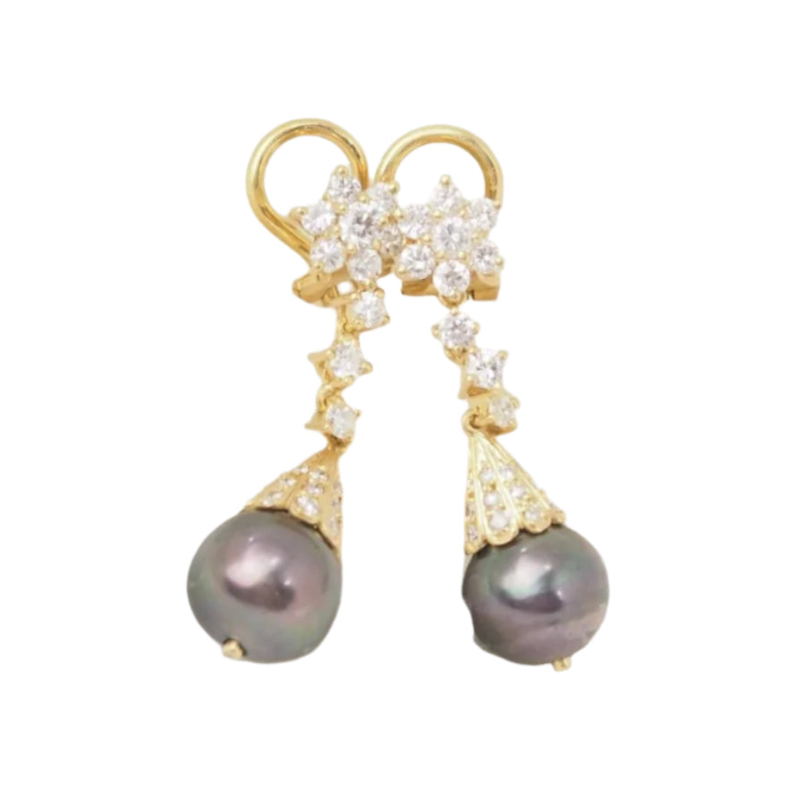 Boucles d'oreilles en or jaune, Diamants et perles de Tahiti - Castafiore