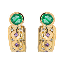 Boucles d'oreilles en Or jaune, émeraude, diamant et améthyste - Castafiore