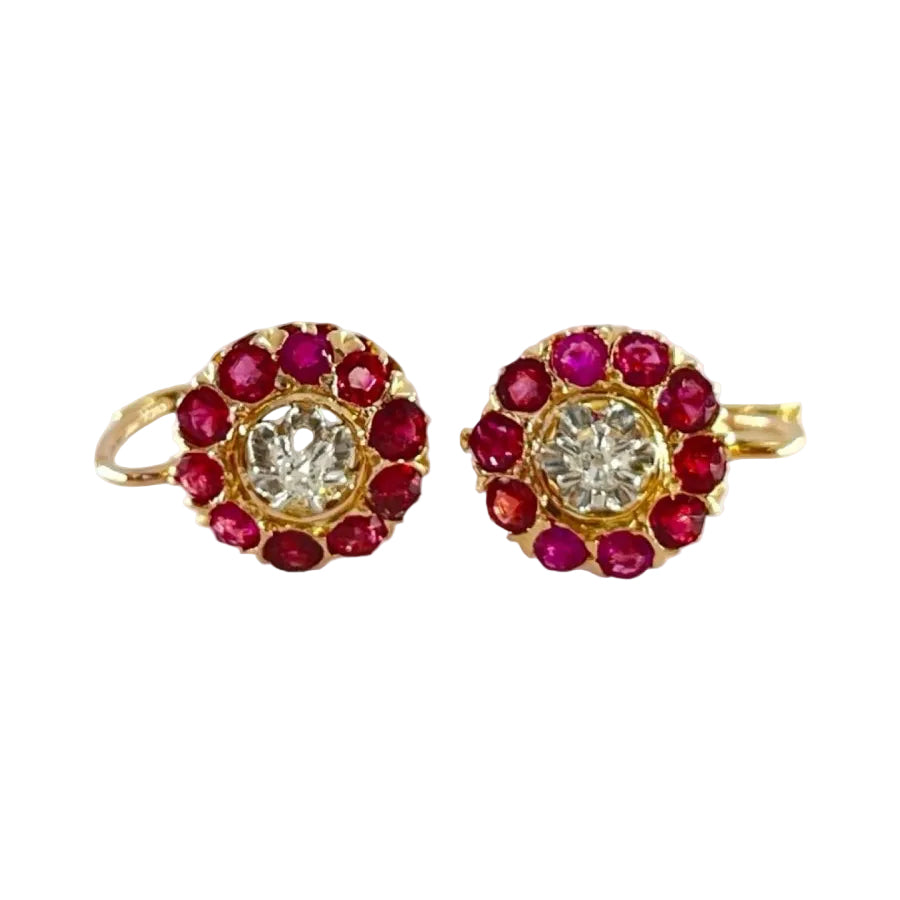 Boucles d'oreilles en or jaune et or rose diamants grenats rubis - Castafiore