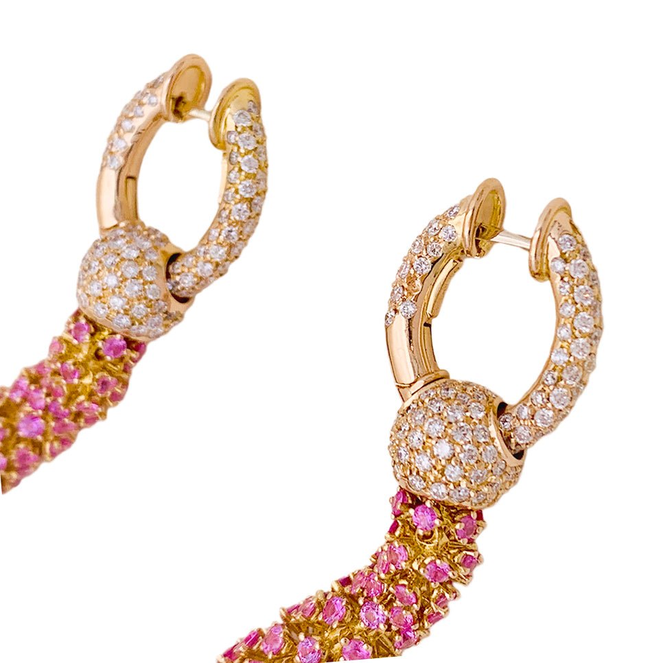 Boucles d'oreilles en or jaune, saphirs roses et diamants - Castafiore