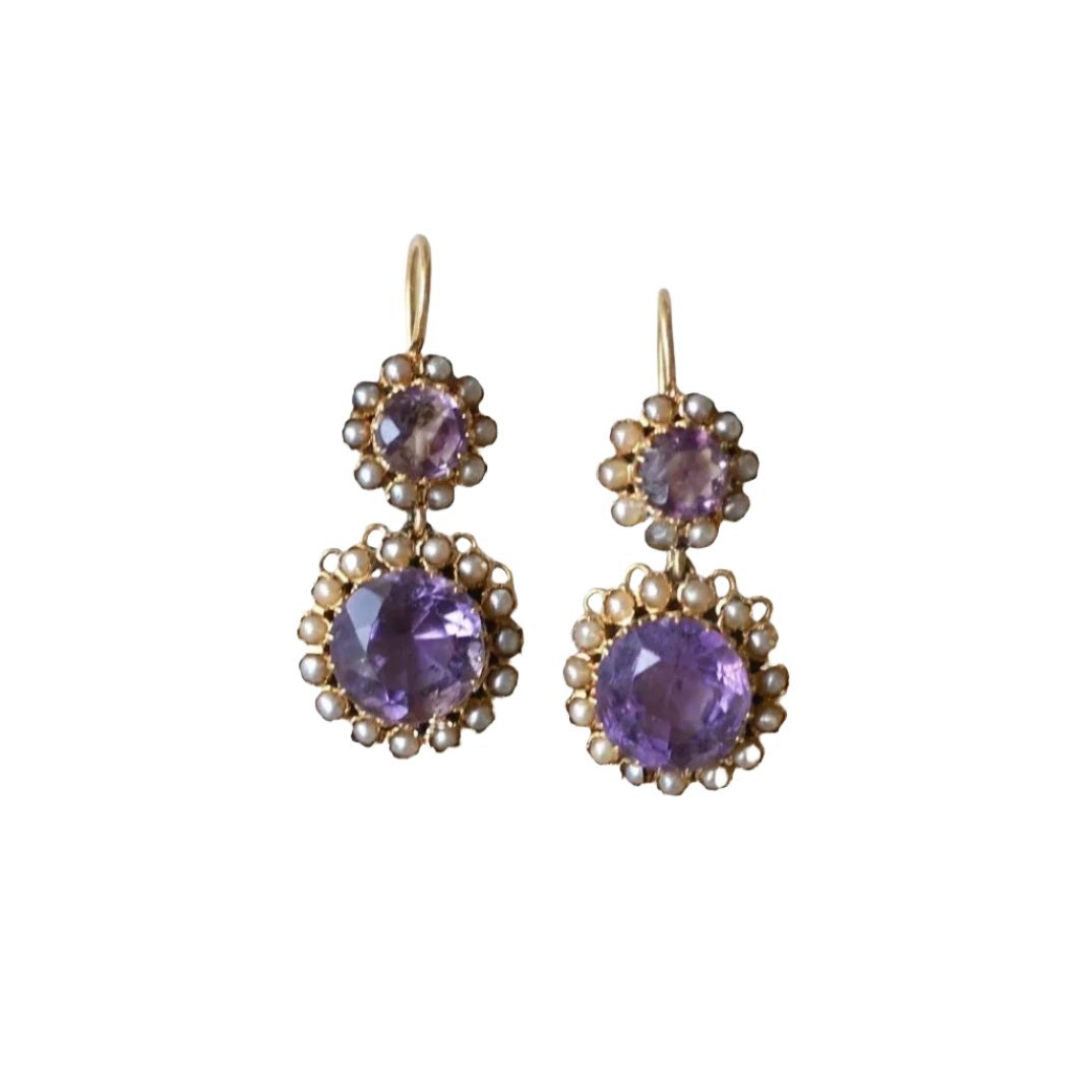 Boucles d'oreilles en or rose, or jaune, améthystes et perles - Castafiore