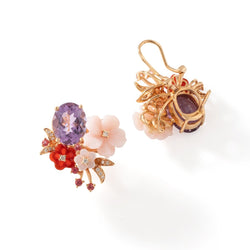 Boucles d'oreilles Fleurs en or jaune, améthyste, cornaline, nacre, quartz et diamants - Castafiore