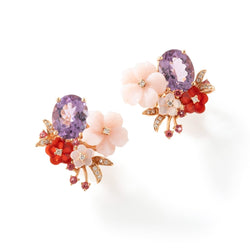 Boucles d'oreilles Fleurs en or jaune, améthyste, cornaline, nacre, quartz et diamants - Castafiore