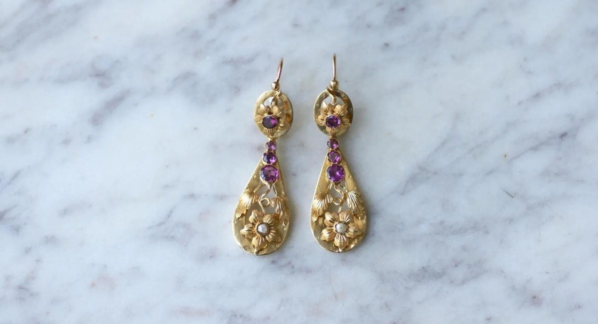 Boucles d'Oreilles Gouttes Grenats sur Or Jaune - Castafiore