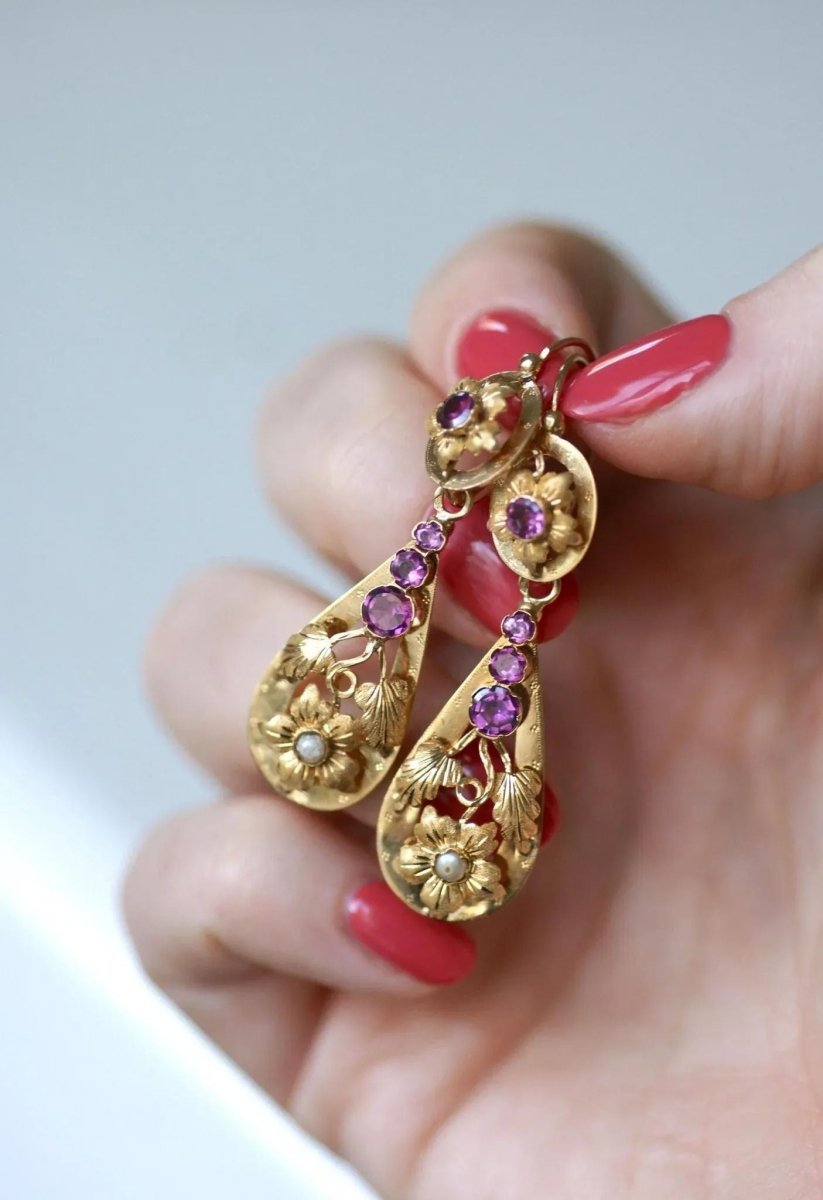 Boucles d'Oreilles Gouttes Grenats sur Or Jaune - Castafiore
