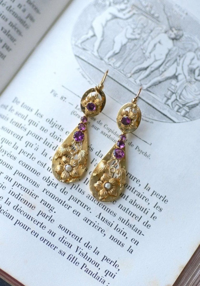 Boucles d'Oreilles Gouttes Grenats sur Or Jaune - Castafiore