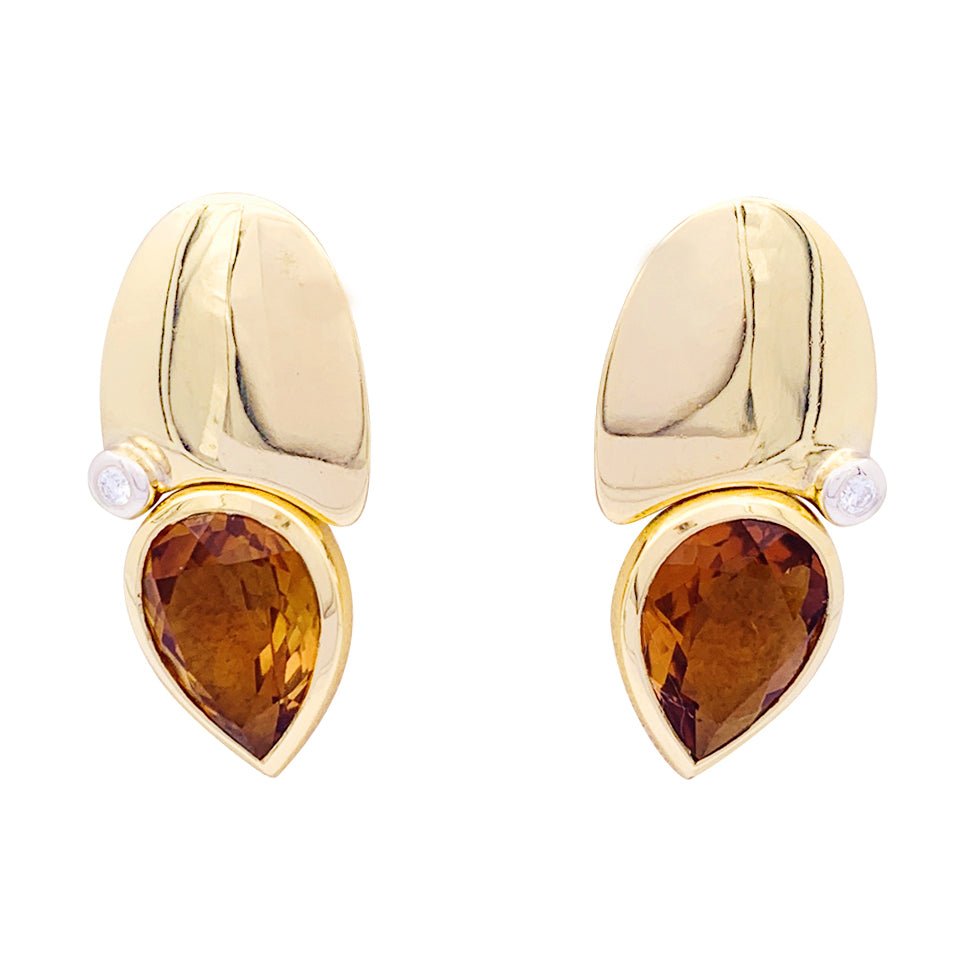 Boucles d'oreilles modernistes, or jaune, diamants, citrines. - Castafiore