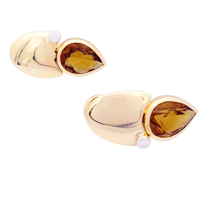 Boucles d'oreilles modernistes, or jaune, diamants, citrines. - Castafiore