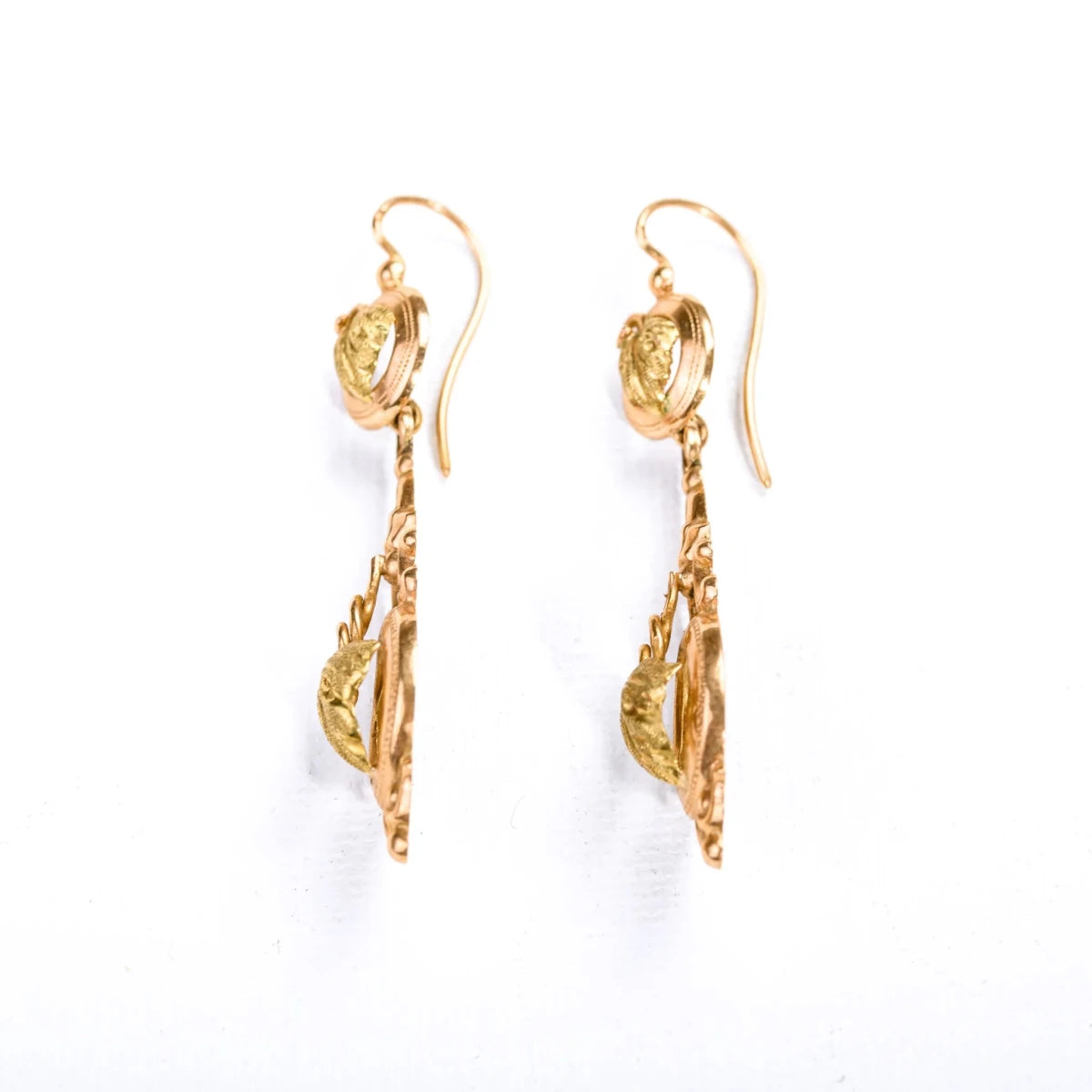 Boucles d'oreilles pendantes anciennes en or rose et vert à motif de feuille de vigne - Castafiore