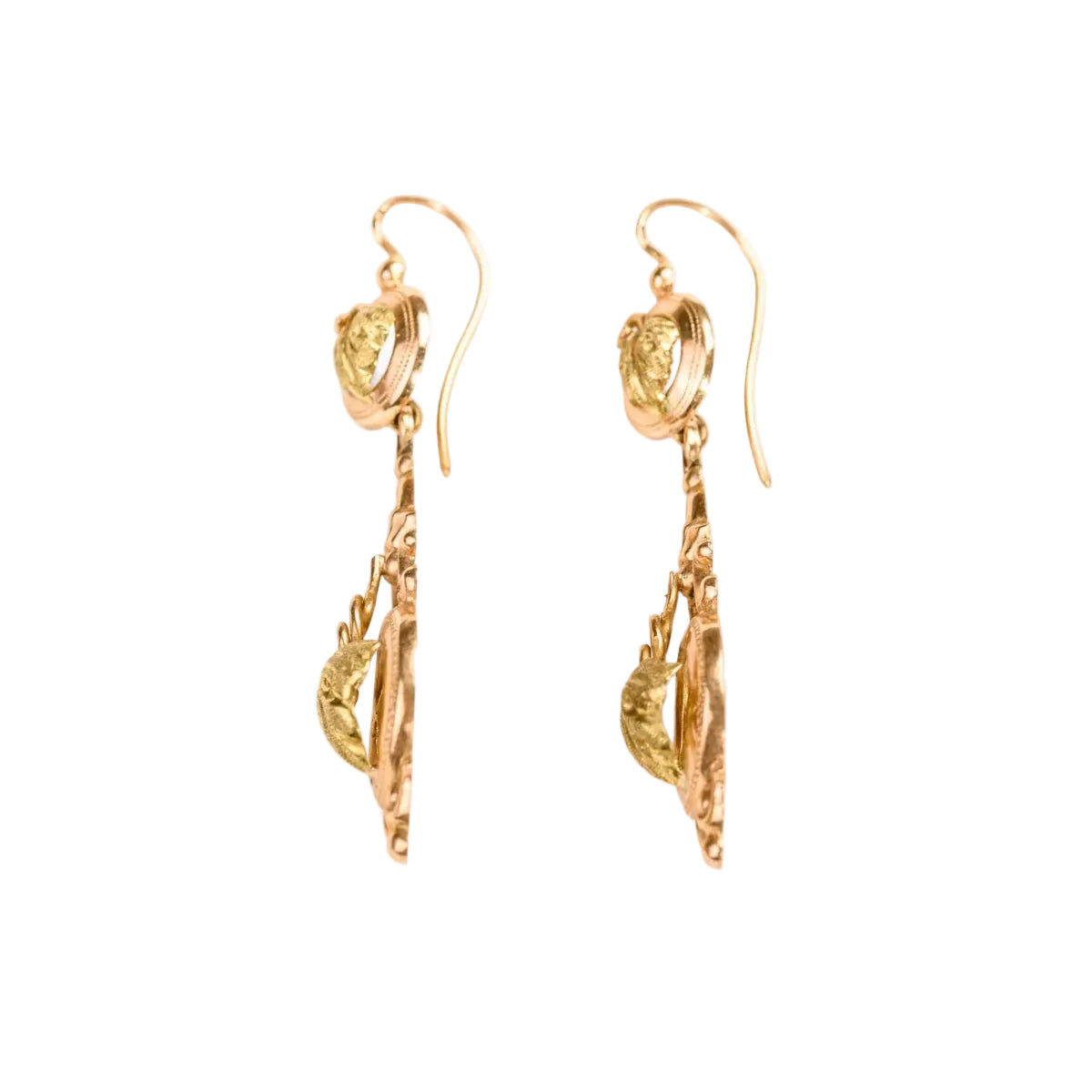 Boucles d'oreilles pendantes anciennes en or rose et vert à motif de feuille de vigne - Castafiore