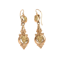 Boucles d'oreilles pendantes anciennes en or rose et vert à motif de feuille de vigne - Castafiore