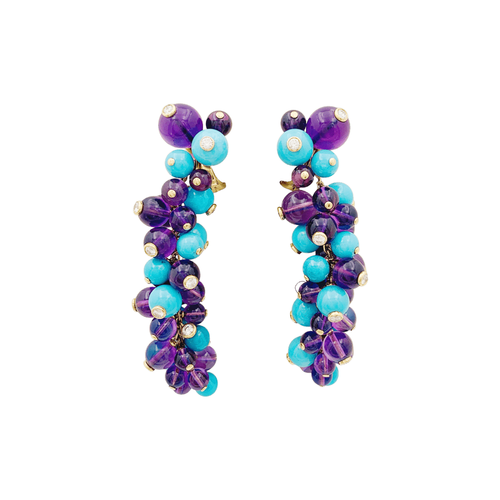 Boucles d'oreilles Pendantes CARTIER "Délices de Goa" en or rose, or blanc, turquoises, améthystes et diamants - Castafiore