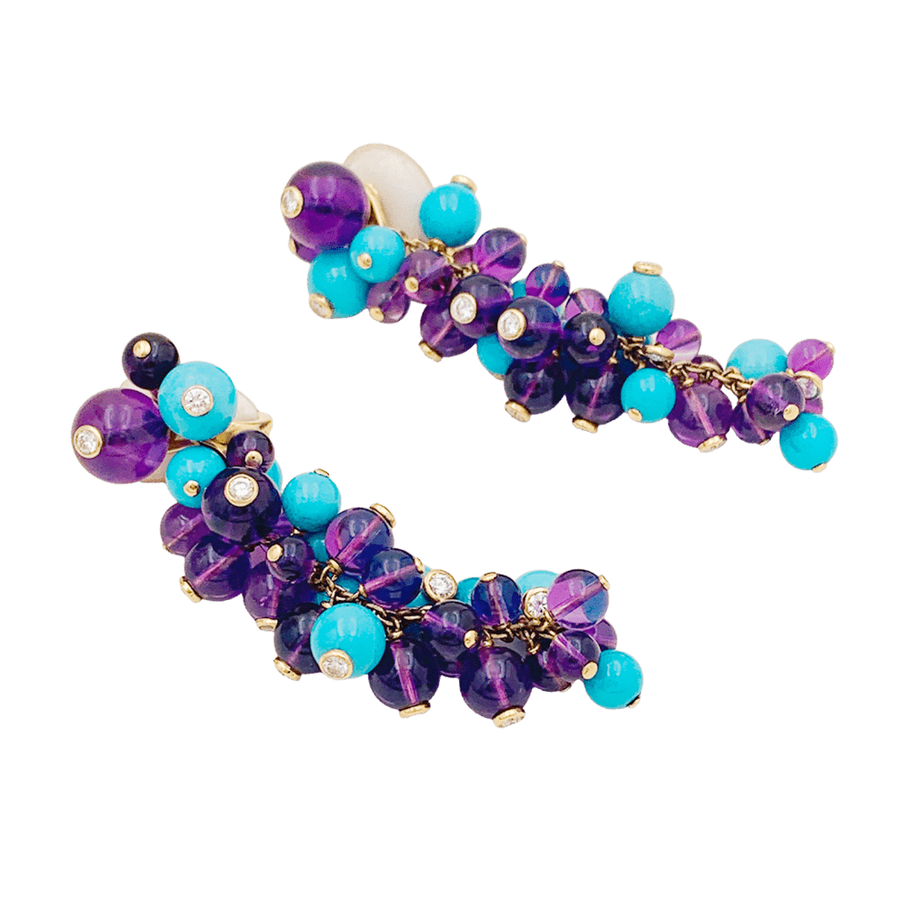 Boucles d'oreilles Pendantes CARTIER "Délices de Goa" en or rose, or blanc, turquoises, améthystes et diamants - Castafiore