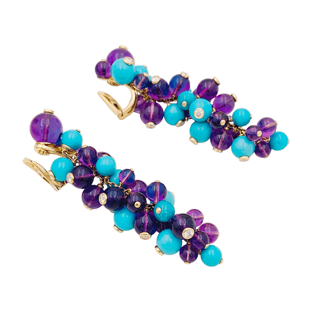 Boucles d'oreilles Pendantes CARTIER "Délices de Goa" en or rose, or blanc, turquoises, améthystes et diamants - Castafiore