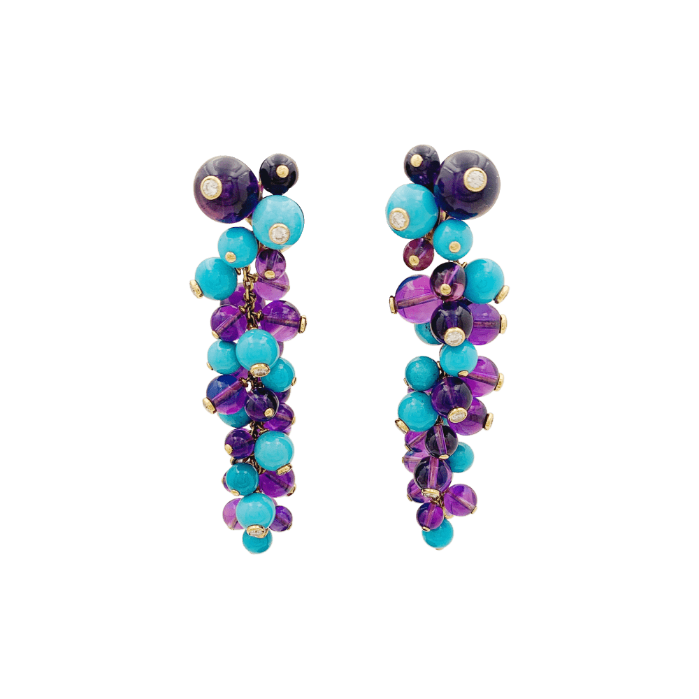 Boucles d'oreilles Pendantes CARTIER "Délices de Goa" en or rose, or blanc, turquoises, améthystes et diamants - Castafiore