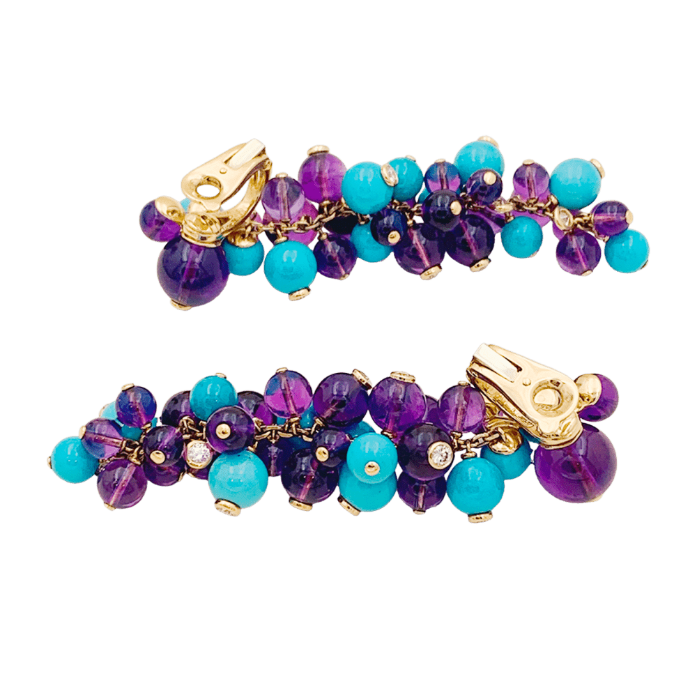 Boucles d'oreilles Pendantes CARTIER "Délices de Goa" en or rose, or blanc, turquoises, améthystes et diamants - Castafiore